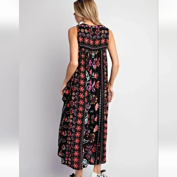 Easel Black Floral Flowers Wide Leg Jumpsuit New - Picture 3 of 4